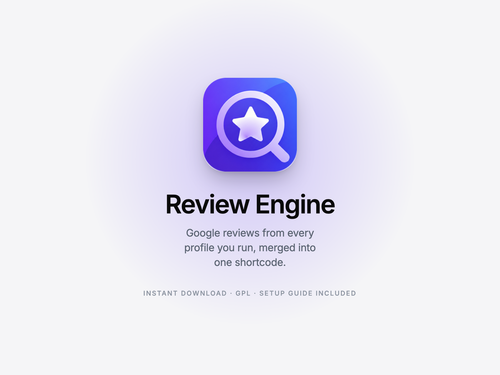 Review Engine app icon — a magnifying glass over a star — above the words Review Engine
