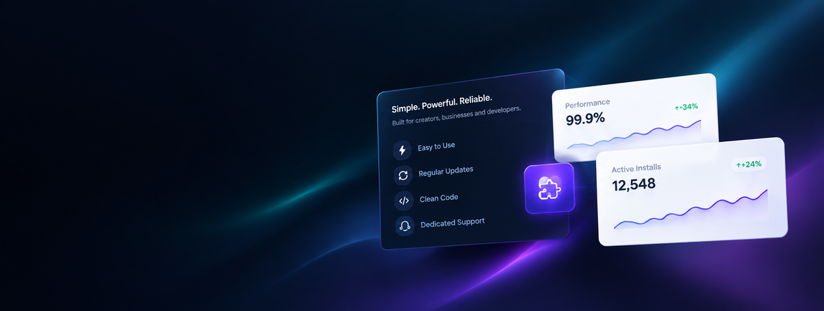 Floating cards showing plugin performance and active install figures